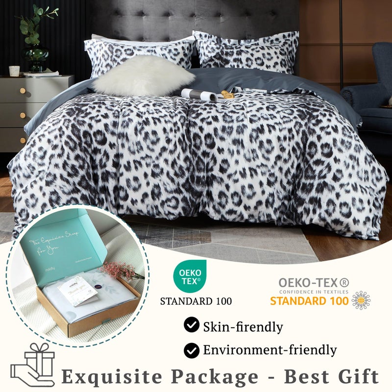 MILDLY 100% Long Staple Cotton Duvet Cover Set Leopard Print Designed Pattern Comforter Cover Set White & Black Cheetah Animal - Image 5